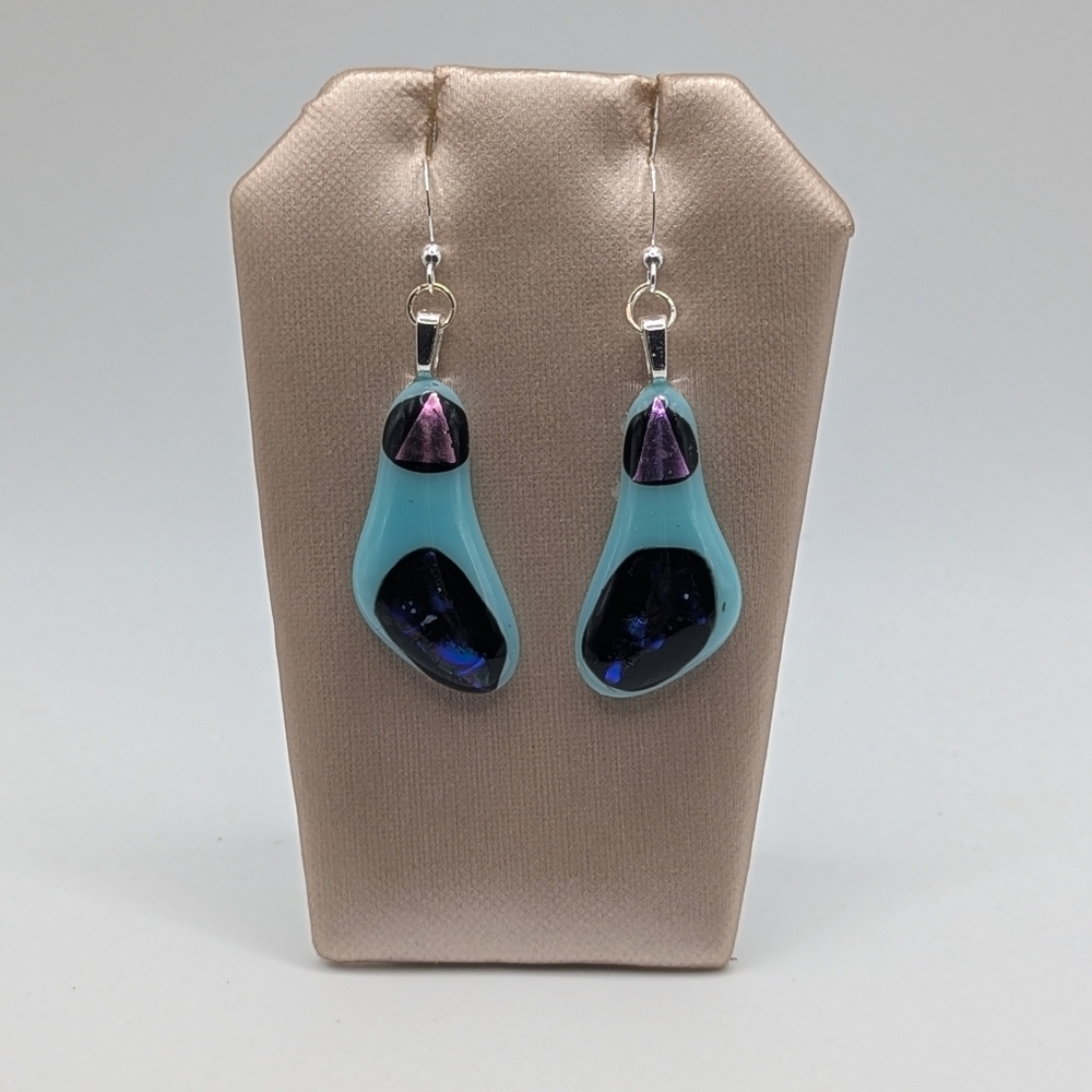Hand Crafted Blue and Pink Butterfly Wings Dichroic Earrings. Sterling Hooks